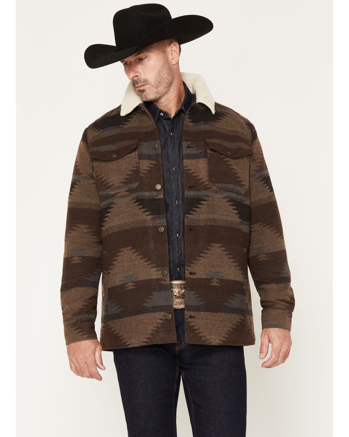 Image #1 - Cody James Men's Edward Southwestern Print Wool Sherpa Lined Jacket, Chocolate, hi-res