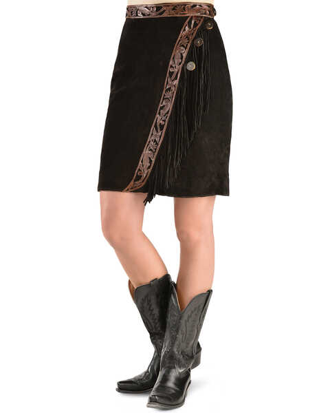 Image #1 - Kobler Leather Women's Tooled Leather & Fringe Sedona Suede Skirt, Black, hi-res