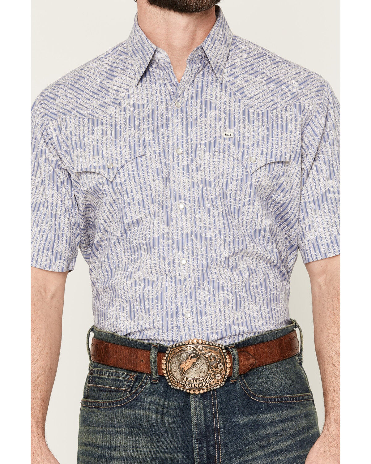 Image #3 - Ely Walker Men's Paisley Print Short Sleeve Snap Western Shirt, Blue, hi-res