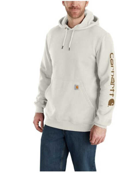 Carhartt Men's Loose Fit Midweight Logo Sleeve Graphic Hooded Sweatshirt, Tan, hi-res