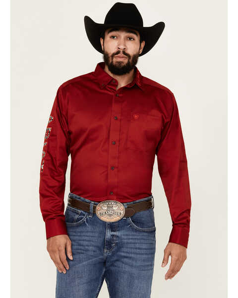 Ariat Men's Team Logo Twill Fitted Long Sleeve Button-Down Western Shirt , Red, hi-res