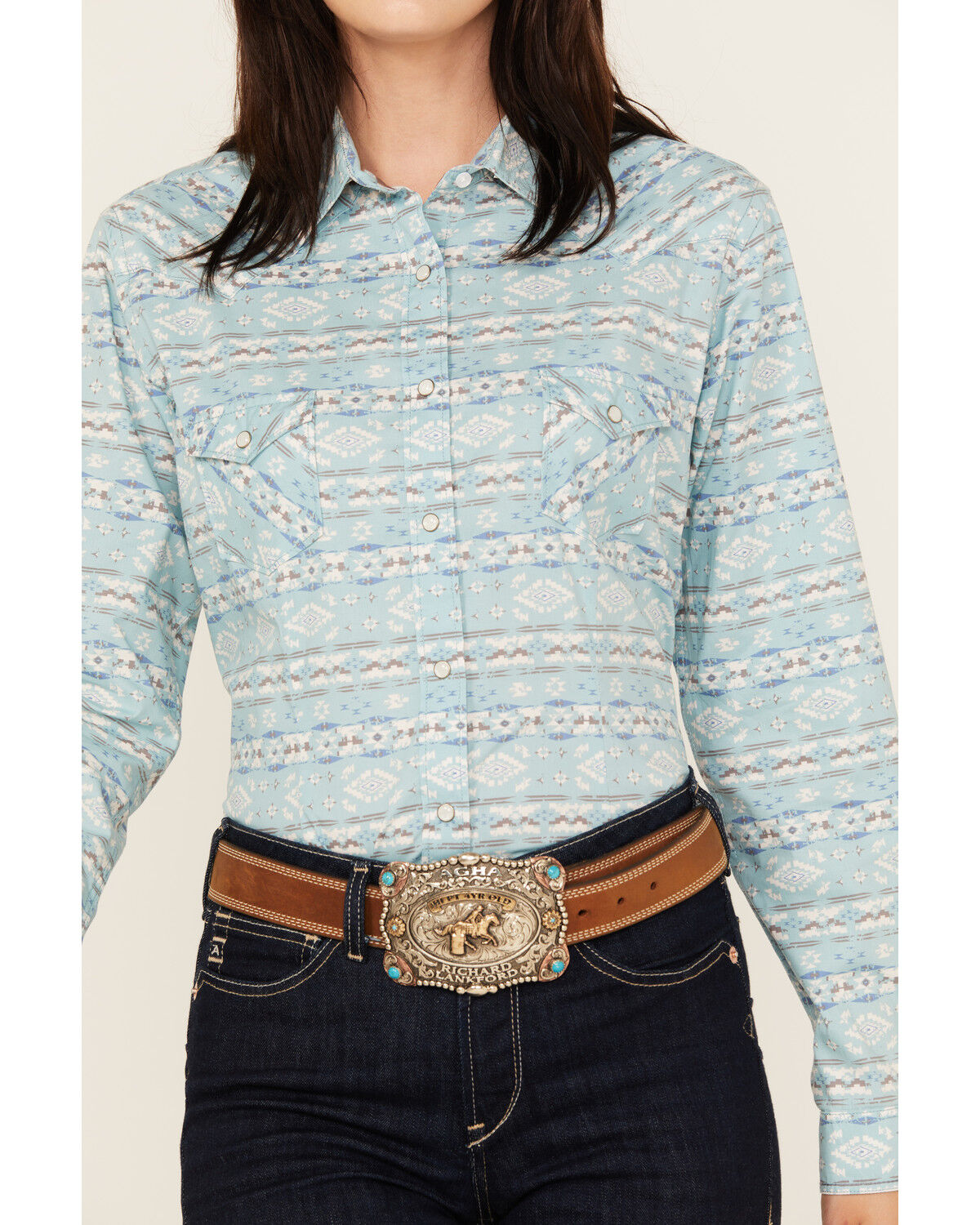 Image #3 - Rough Stock Women's Southwestern Print Long Sleeve Pearl Snap Stretch Western Shirt, Turquoise, hi-res