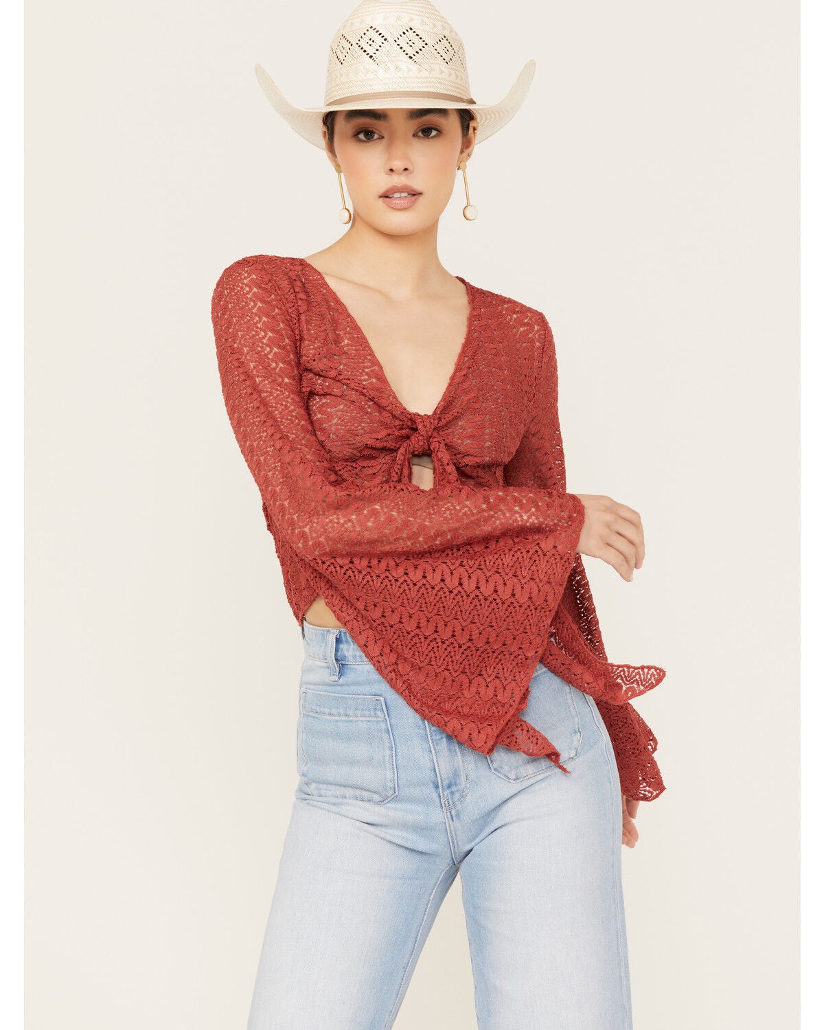 Wild Moss Women's Tie Front Textured Top, Red, hi-res