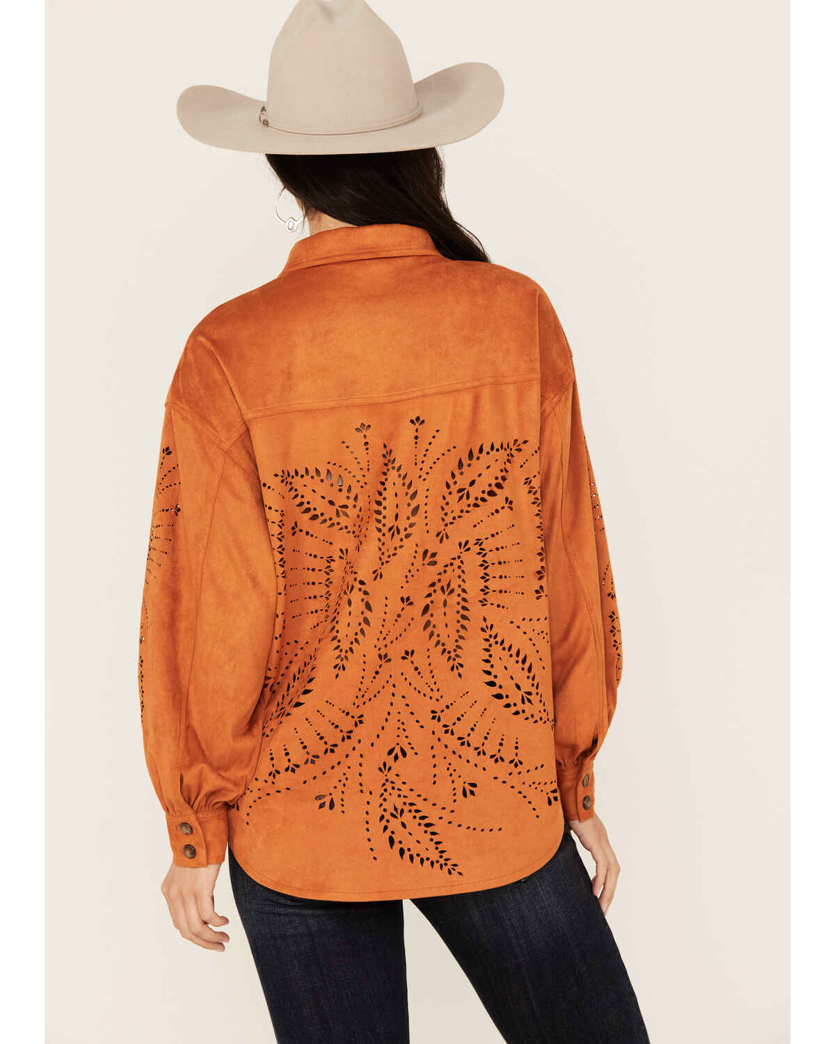 Image #4 - Shyanne Women's Faux Suede Laser Cutout Shacket, Caramel, hi-res