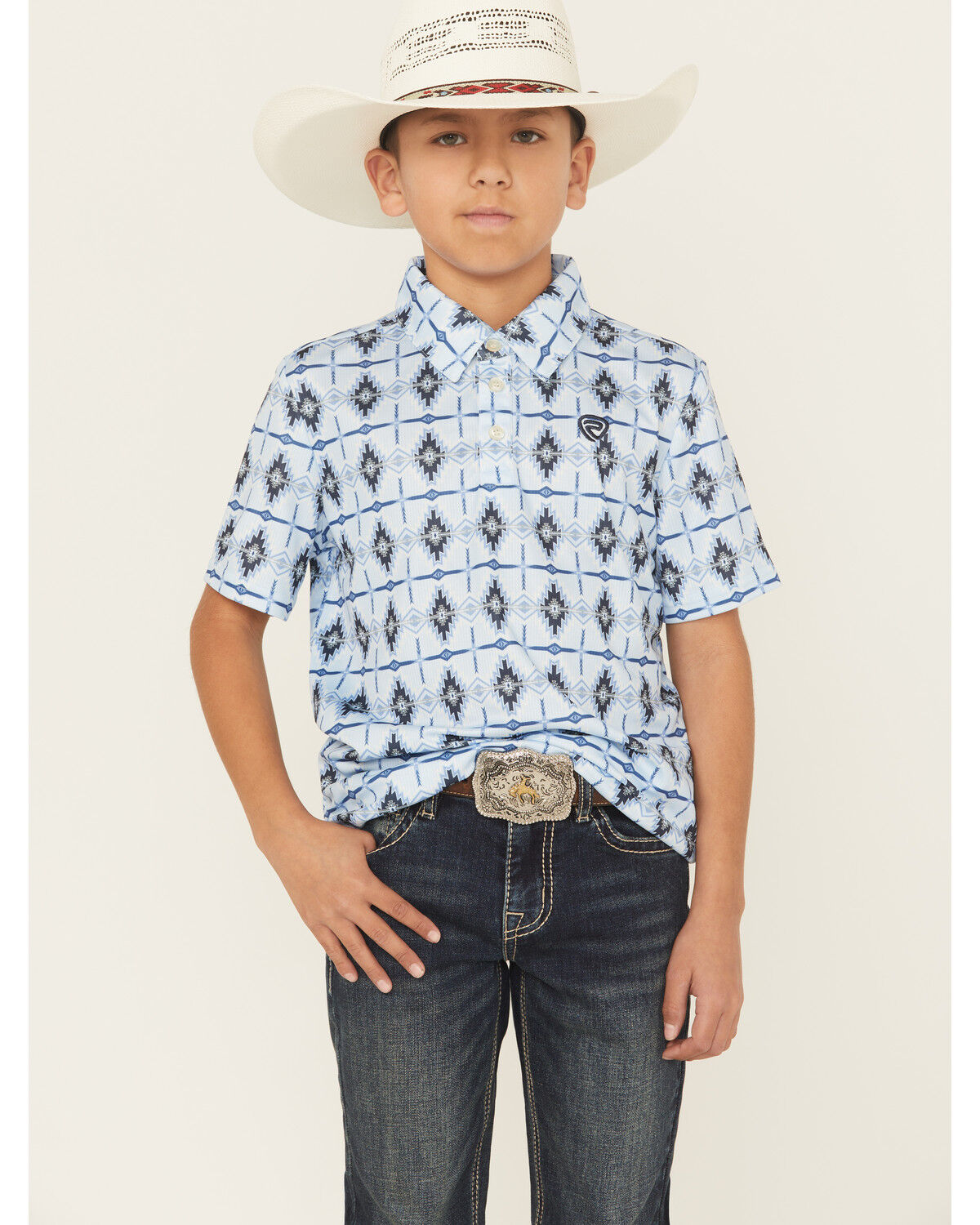 Image #1 - Rock & Roll Denim Boys' Southwestern Striped Short Sleeve Snap Western Shirt, Blue, hi-res