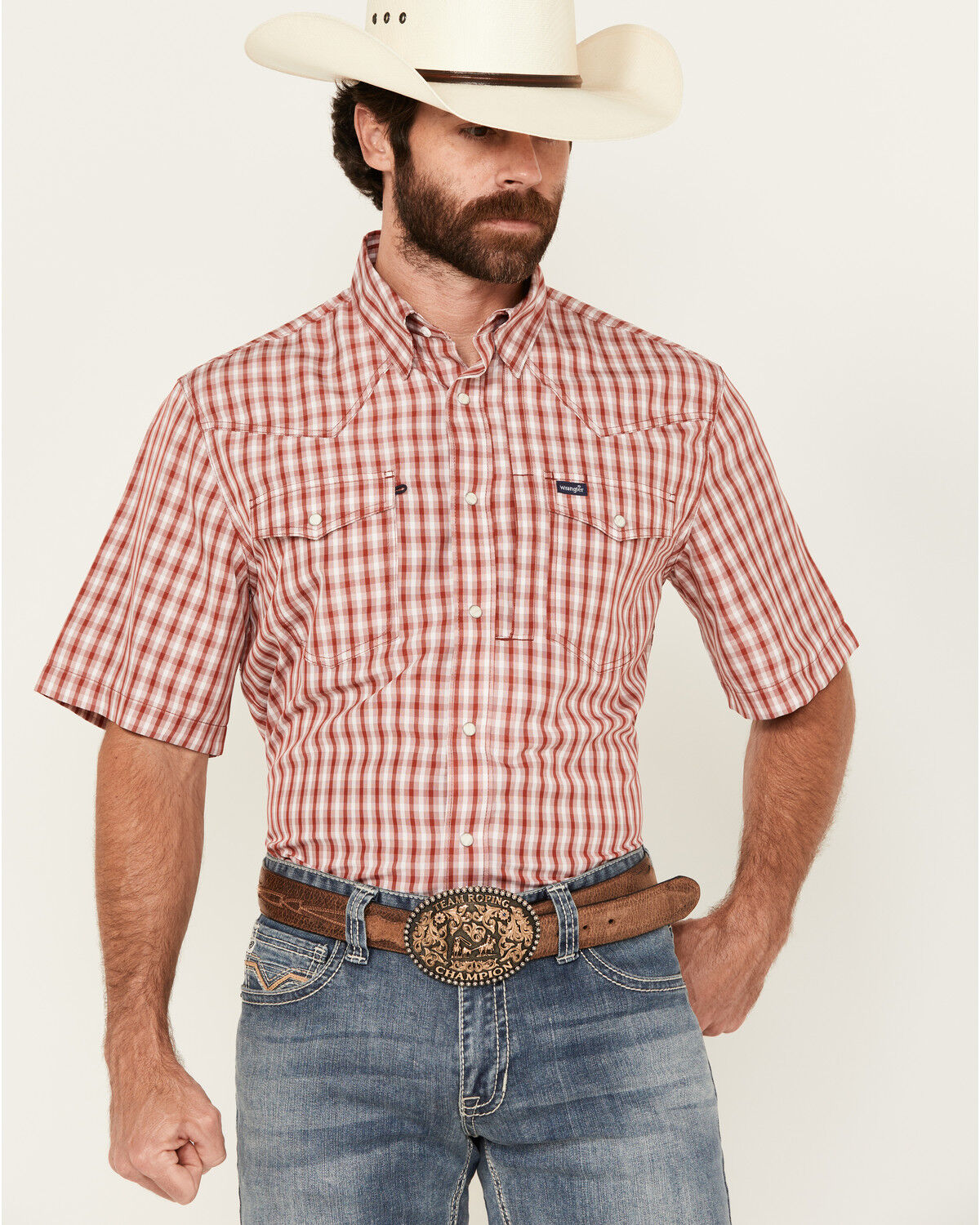 Image #1 - Wrangler Men's Plaid Print Short Sleeve Snap Performance Western Shirt, Red, hi-res