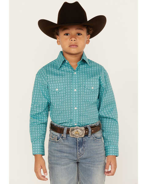 Image #1 - Rough Stock by Panhandle Boys' Foulard Geo Print Long Sleeve Pearl Snap Western Shirt, Turquoise, hi-res
