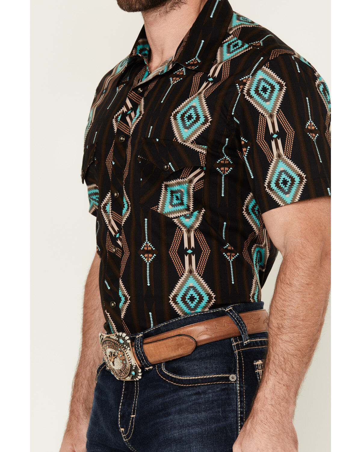 Image #3 - Rock & Roll Denim Men's Southwestern Print Short Sleeve Snap Stretch Western Shirt, Black, hi-res