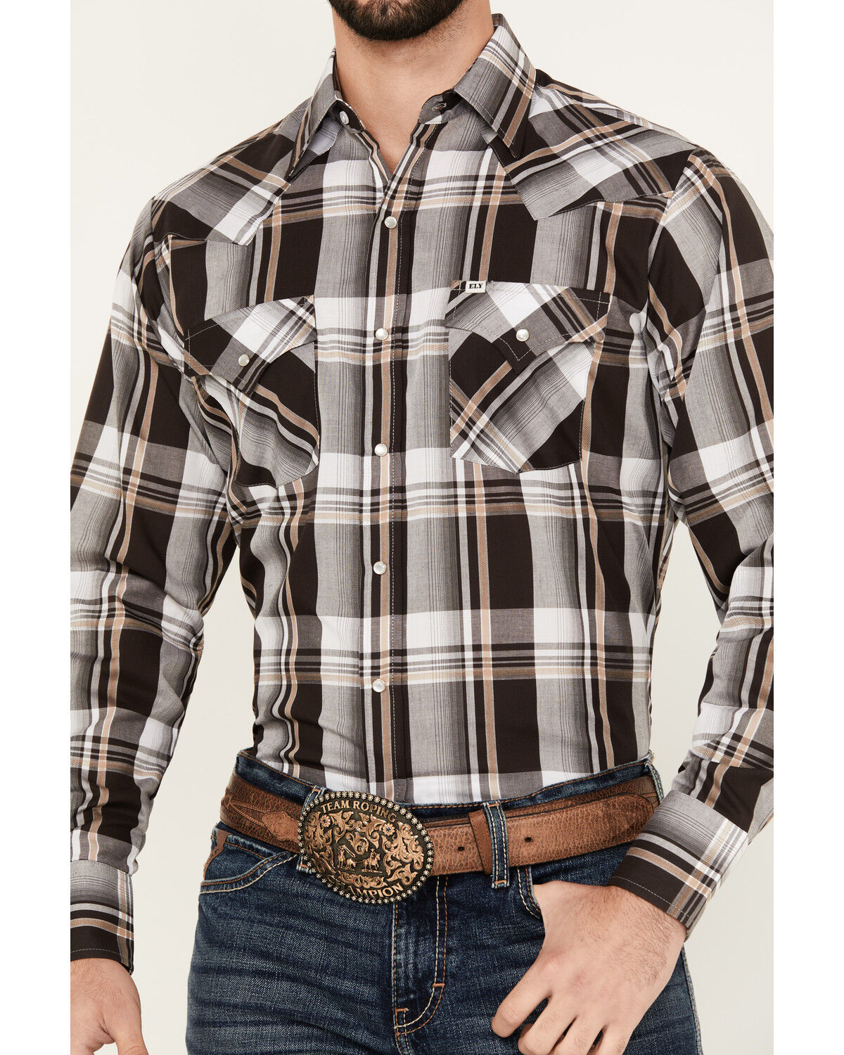 Image #4 - Ely Walker Men's Plaid Print Long Sleeve Snap Western Shirt, Brown, hi-res