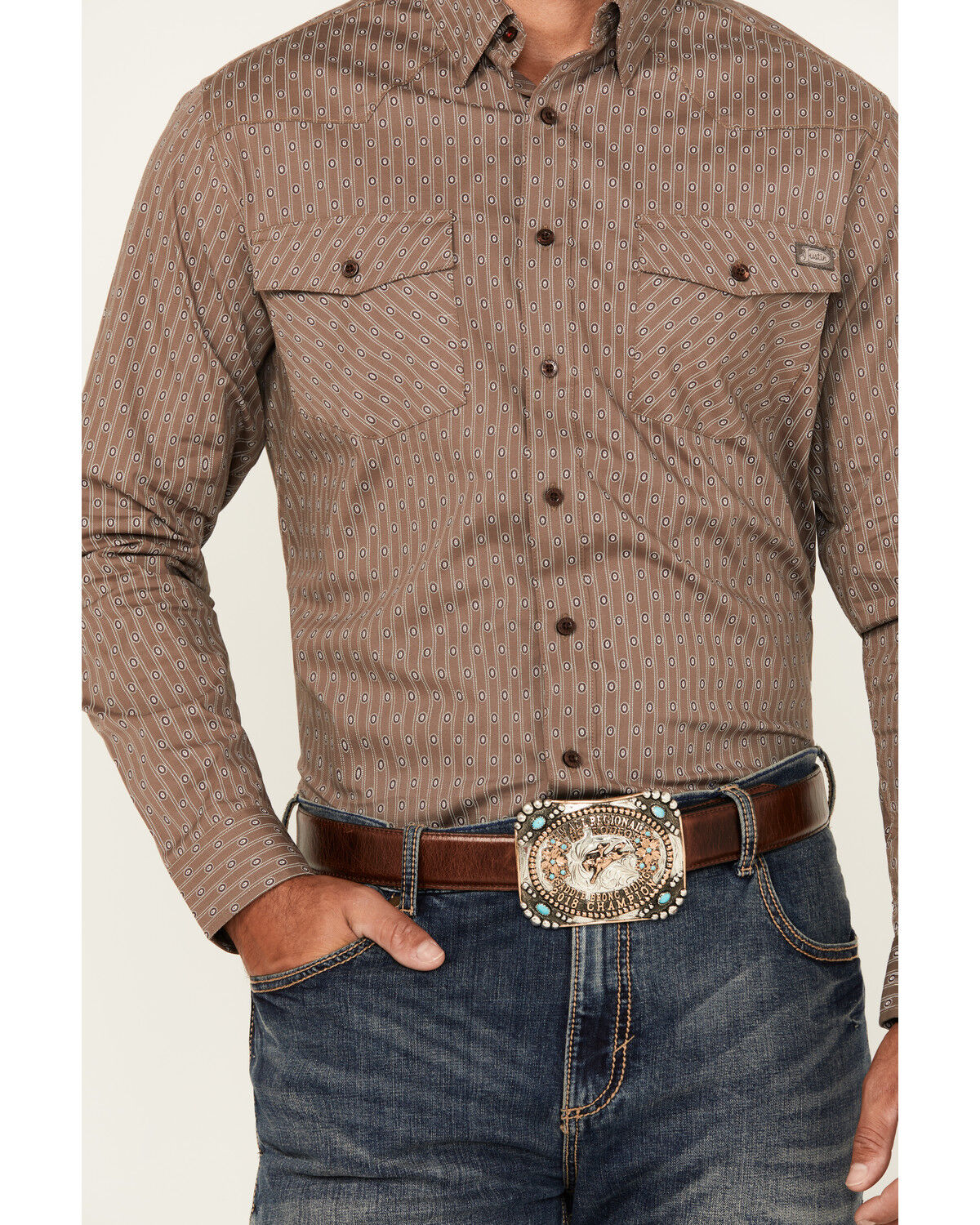 Image #2 - Justin Men's Boot Barn Exclusive Geo Striped Print Long Sleeve Button-Down Stretch Western Shirt, Grey, hi-res