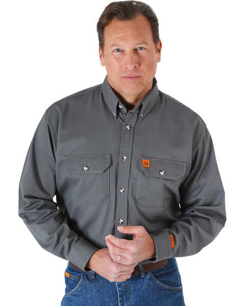 Wrangler Riggs Men's FR Long Sleeve Button Down Work Shirt, Grey, hi-res