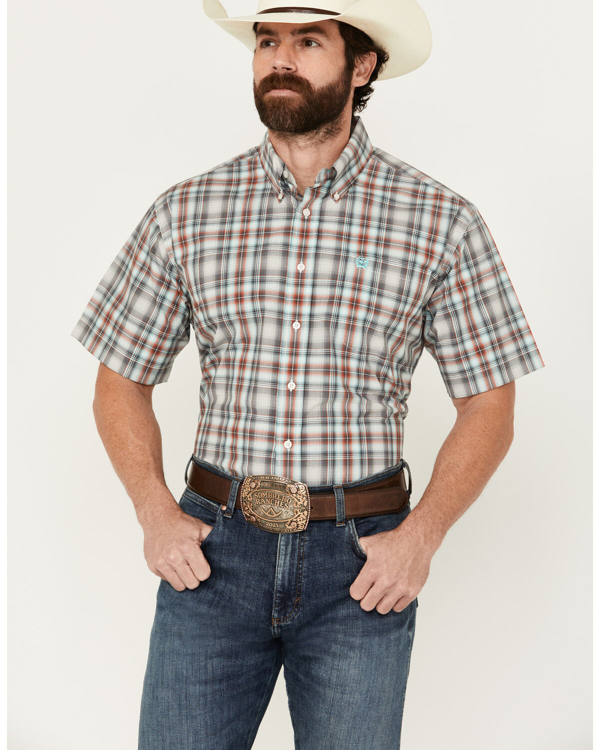 Image #1 - Cinch Men's Plaid Print Short Sleeve Button-Down Western Shirt, Grey, hi-res