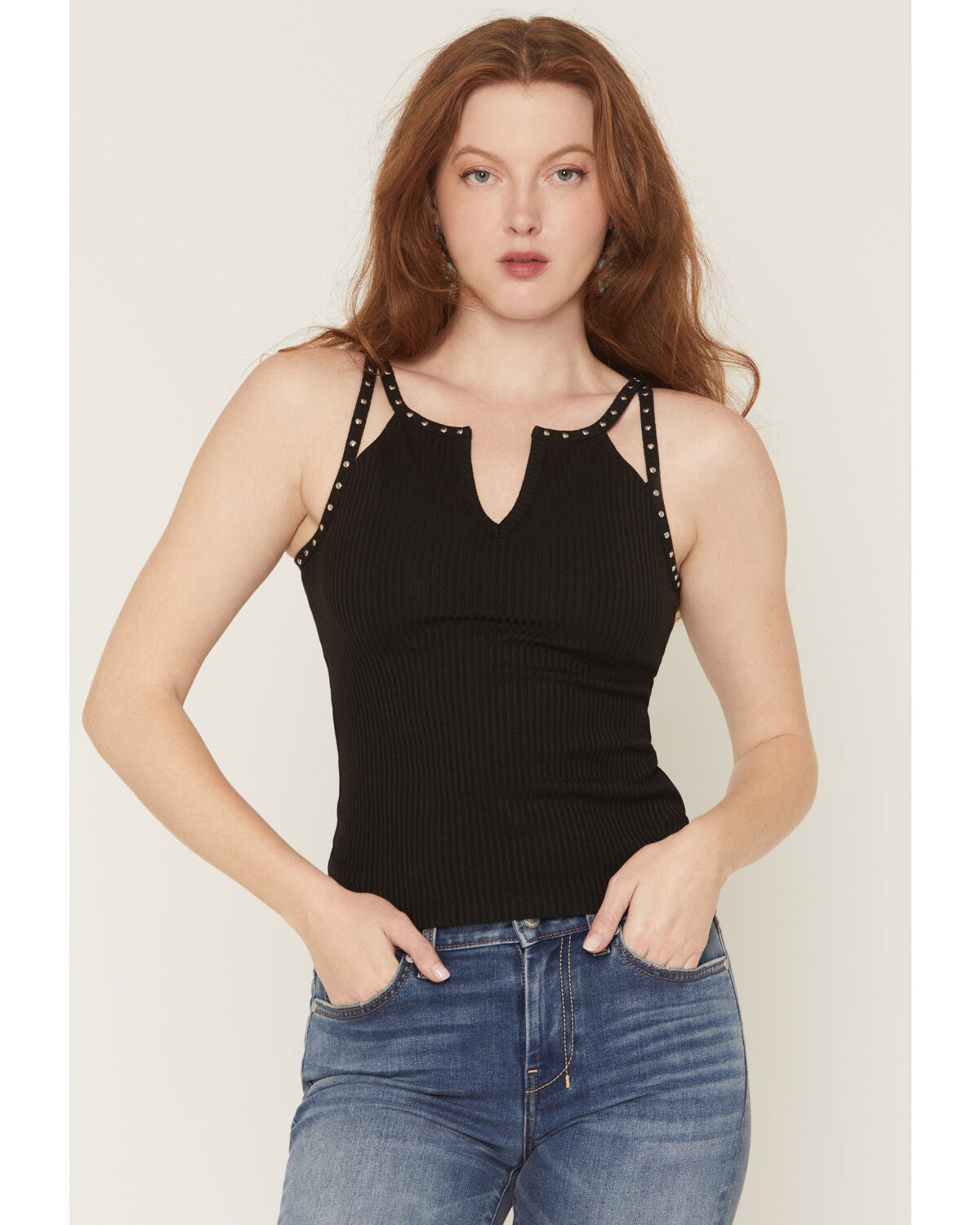 Image #1 - Miss Me Women's Studded Sleeveless Tank Top, Black, hi-res