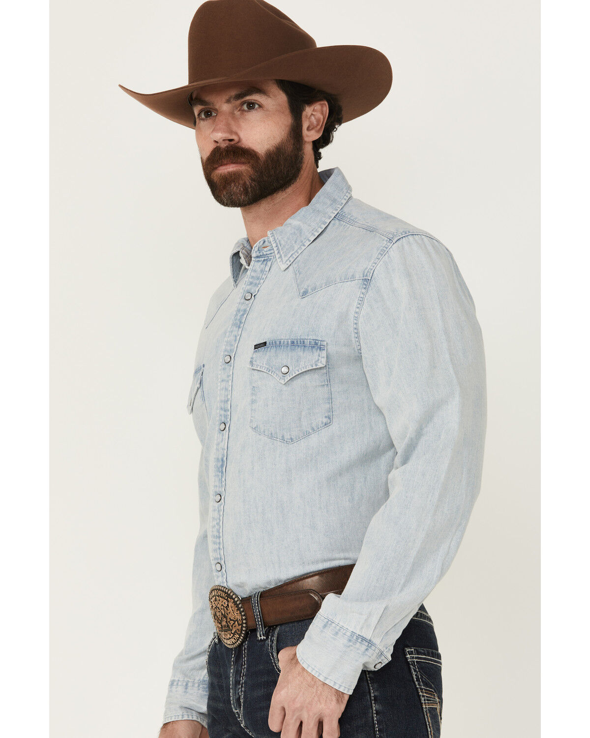 Image #2 - Rock & Roll Denim Men's Light Wash Long Sleeve Snap Denim Shirt, Light Wash, hi-res