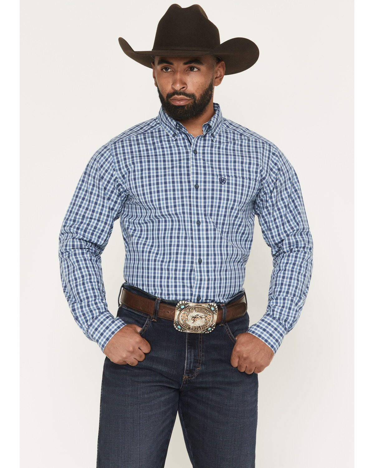 Ariat Men's Pro Series Stephan Plaid Print Long Sleeve Button-Down Stretch Western Shirt, Navy, hi-res