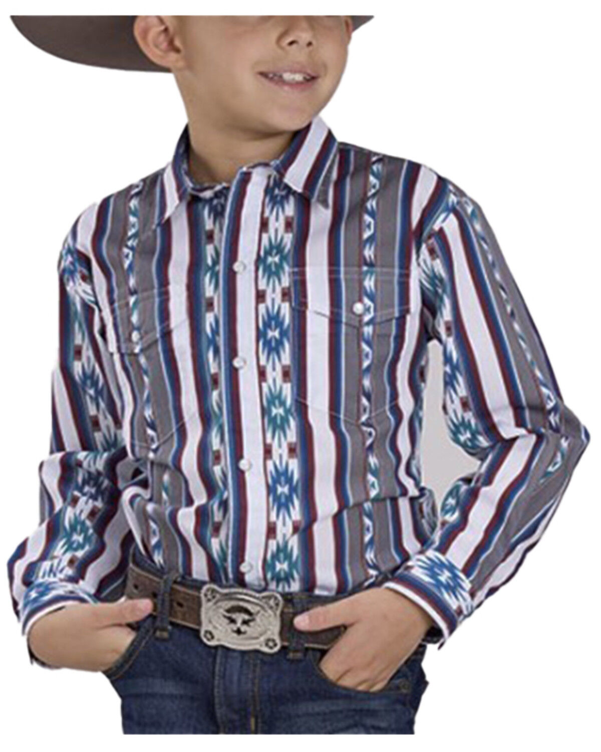 Image #1 - Roper Boys' Checotah Southwestern Striped Long Sleeve Pearl Snap Western Shirt, Grey, hi-res