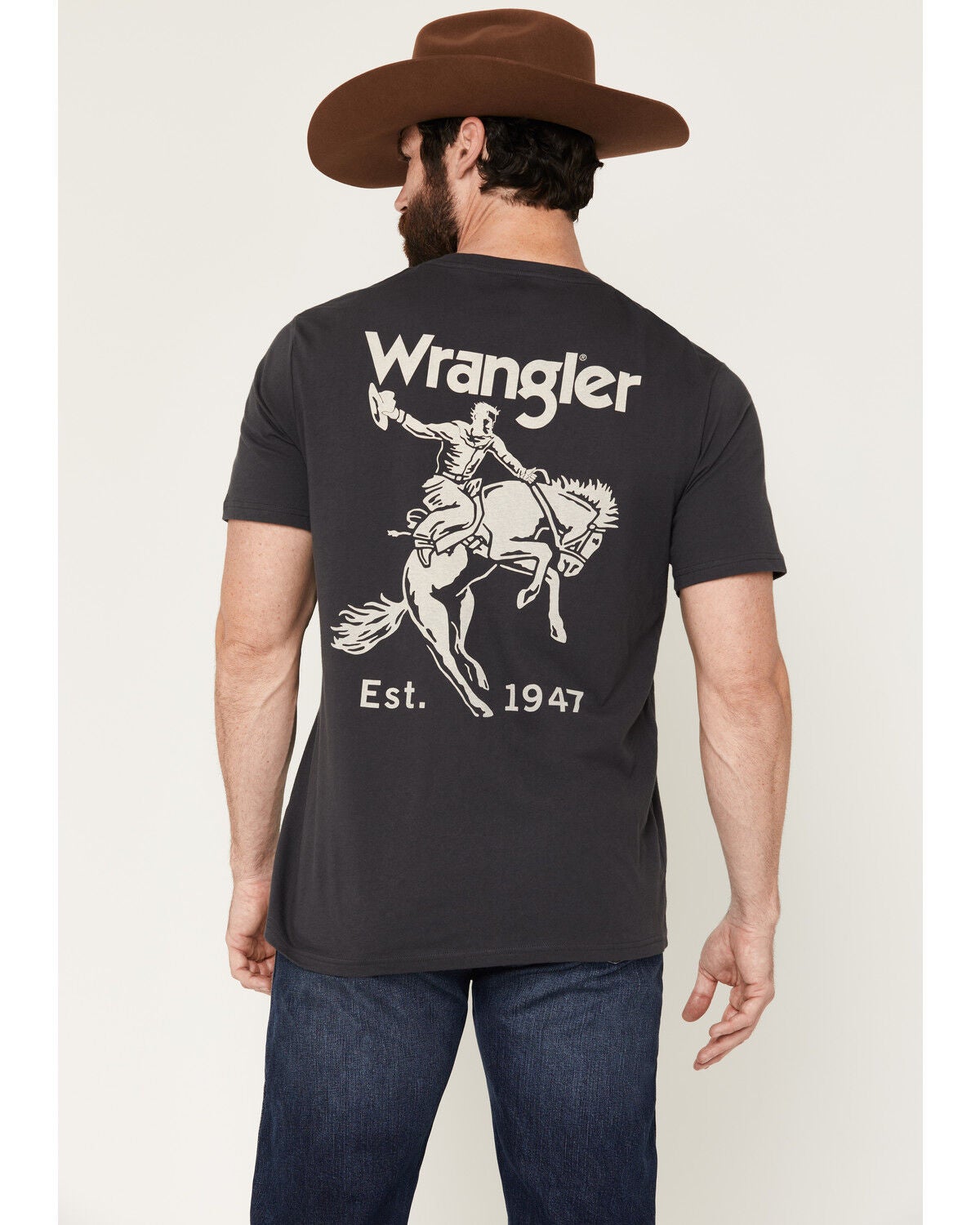 Image #1 - Wrangler Men's Boot Barn Exclusive Cowboy Logo Short Sleeve Graphic T-Shirt, Charcoal, hi-res