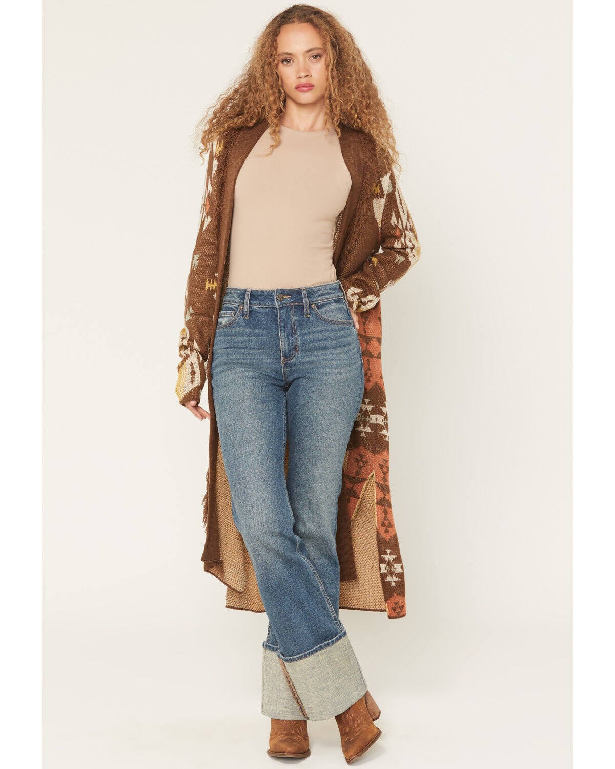 Rock & Roll Denim Women's Southwestern Print Concho Cardigan, Brown, hi-res