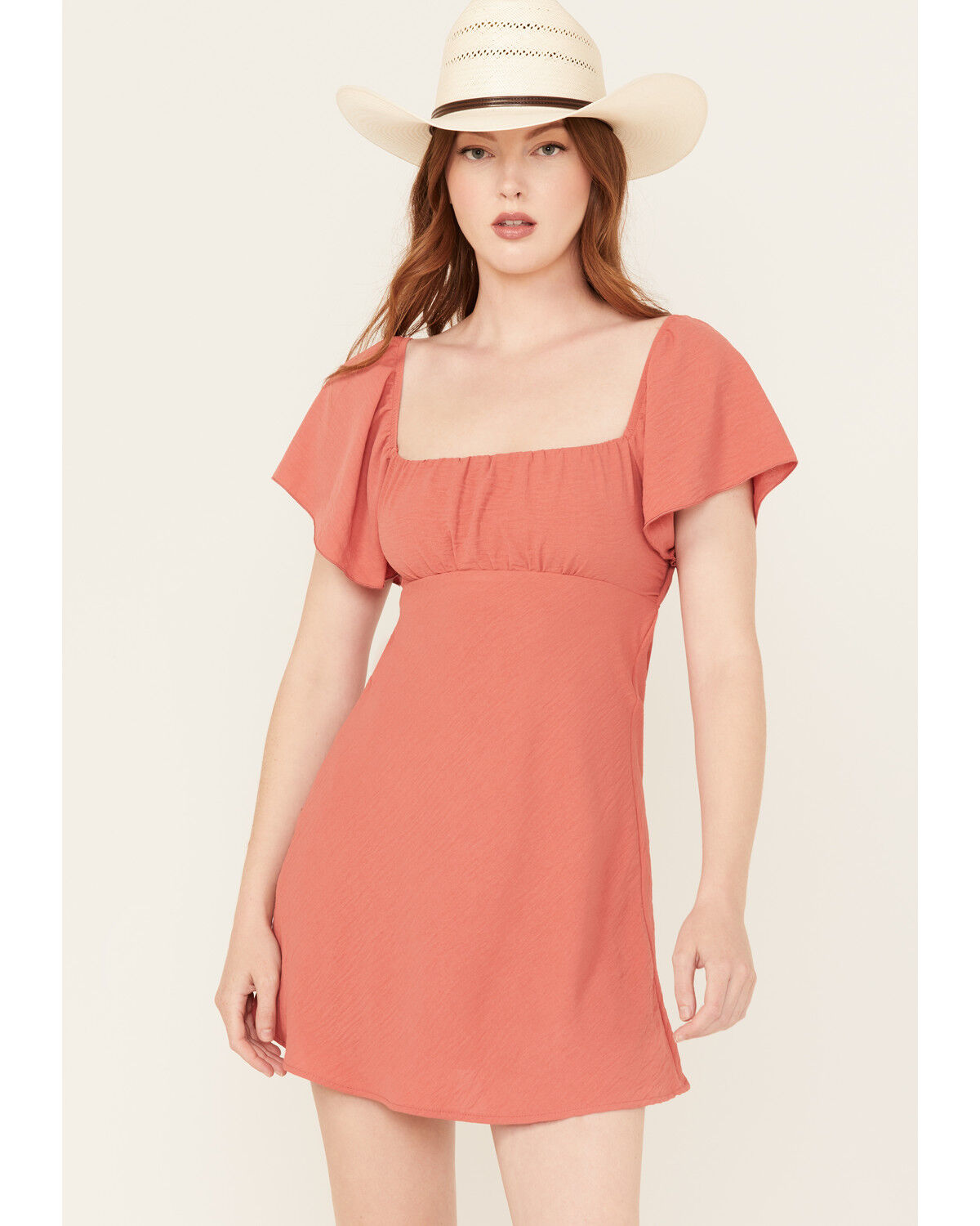 Image #1 - Originality Women's Emma Flutter Sleeve Tie-Back Mini Dress, Rust Copper, hi-res