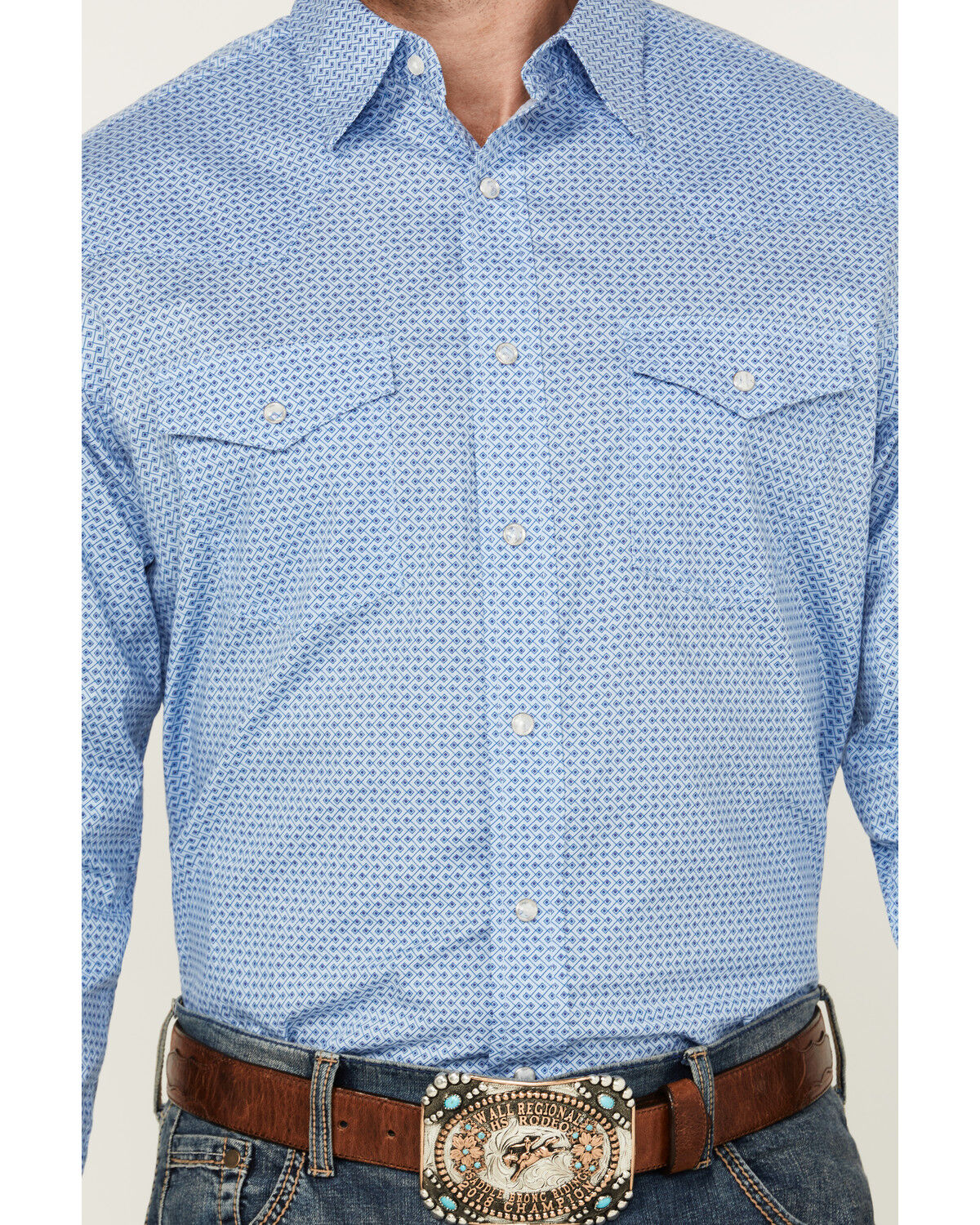 Image #3 - Wrangler 20X Men's Geo Print Long Sleeve Snap Stretch Western Shirt, Blue, hi-res