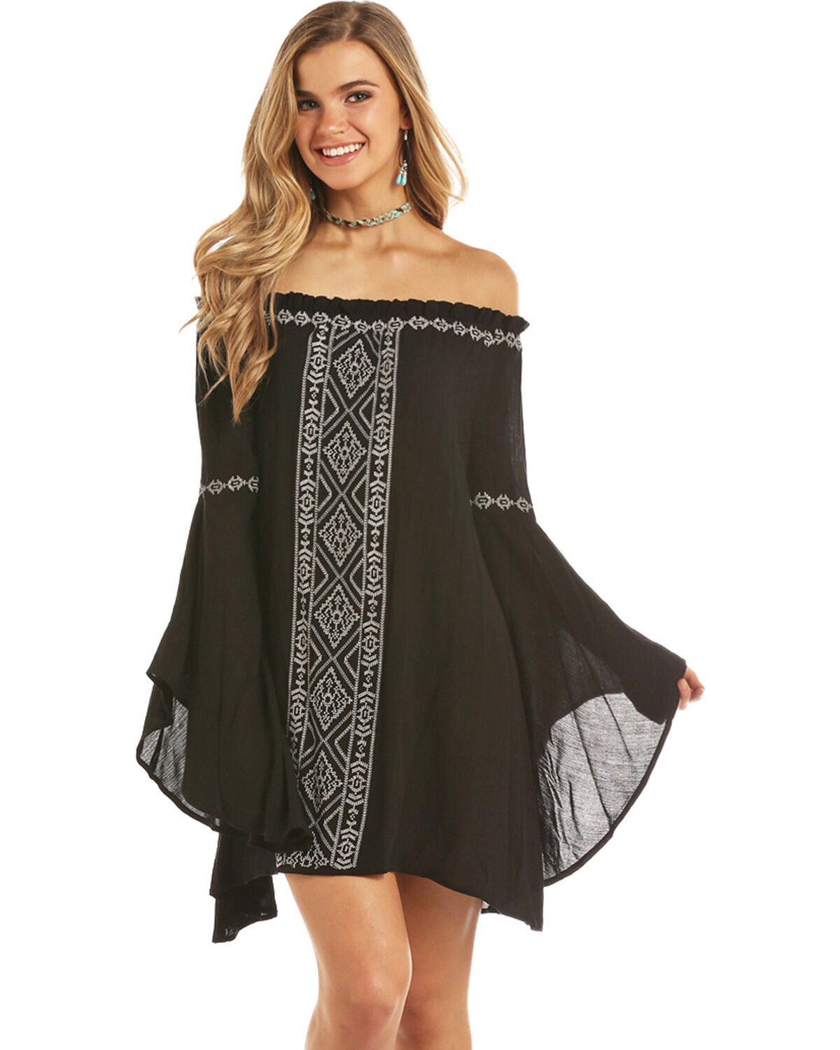 women's black bell sleeve dress