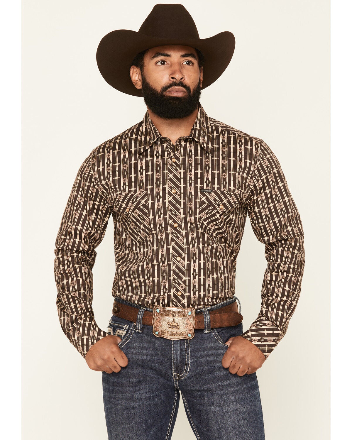 Rock & Roll Denim Men's Southwestern Striped Long Sleeve Snap Stretch Western Shirt, Brown, hi-res
