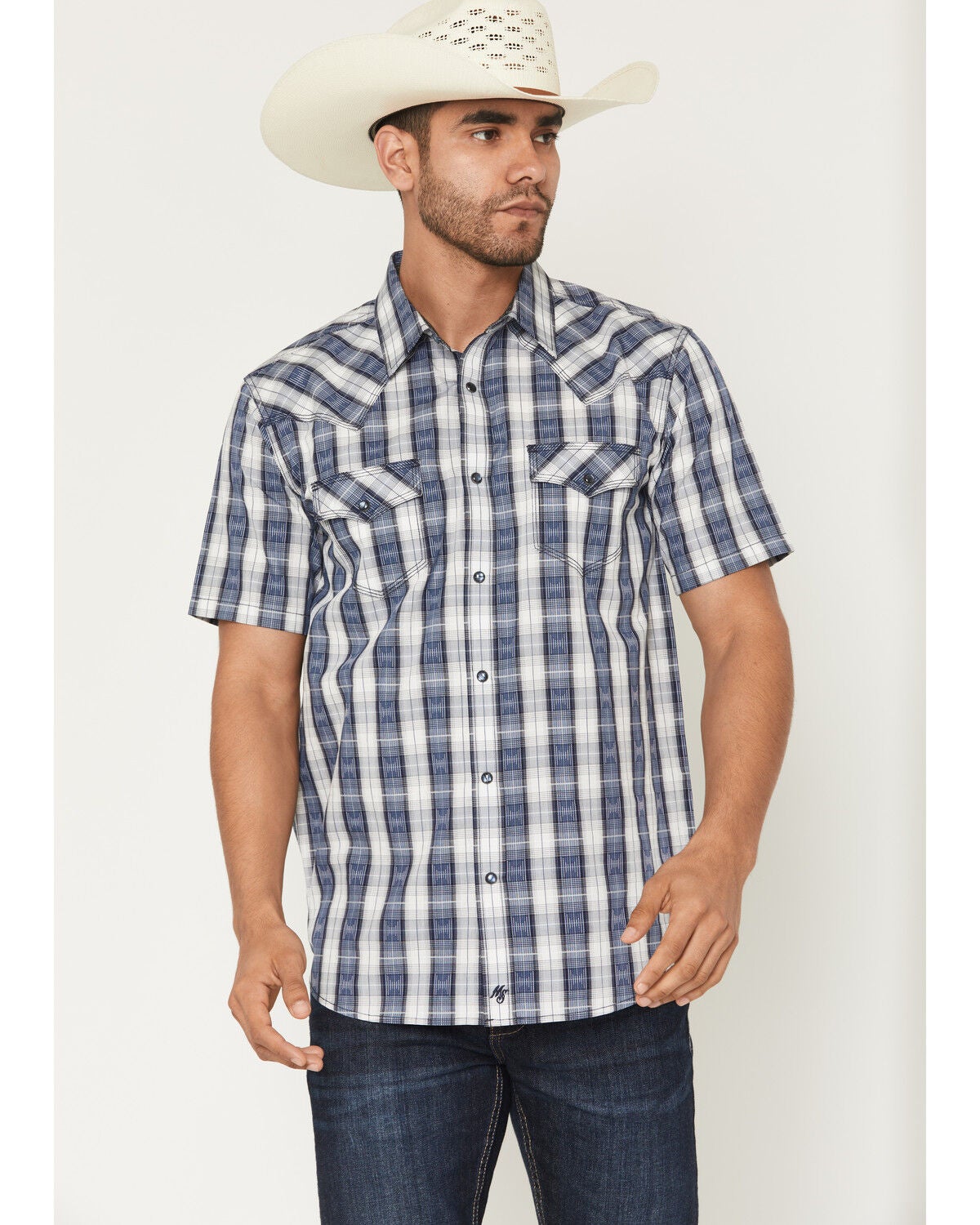 Moonshine Spirit&reg; Men's Desert Willow Plaid Print Short Sleeve Pearl Snap Western Shirt, Blue, hi-res