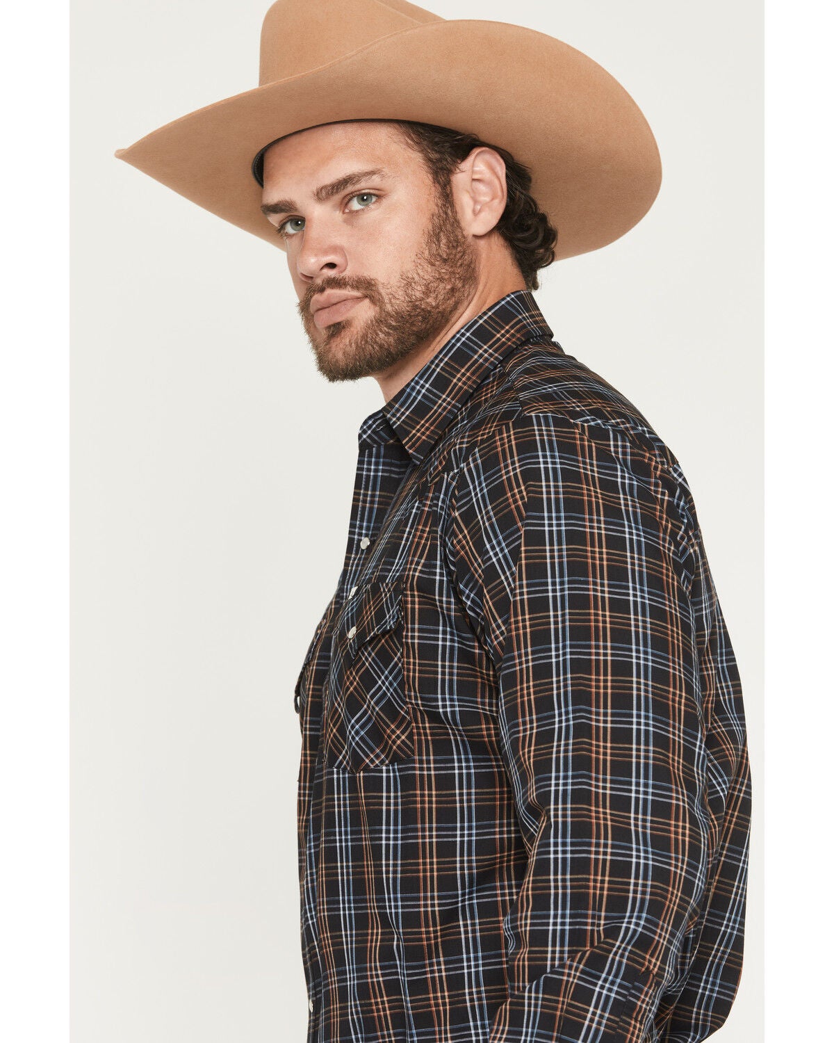 Image #2 - Ely Walker Men's Plaid Print Long Sleeve Sap Western Shirt, Black, hi-res