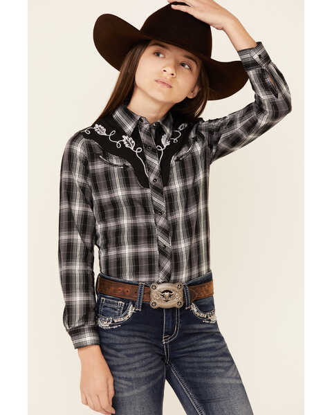 Roper Girls' Black Plaid Fancy Applique Yoke Long Sleeve Snap Western Shirt , Black, hi-res
