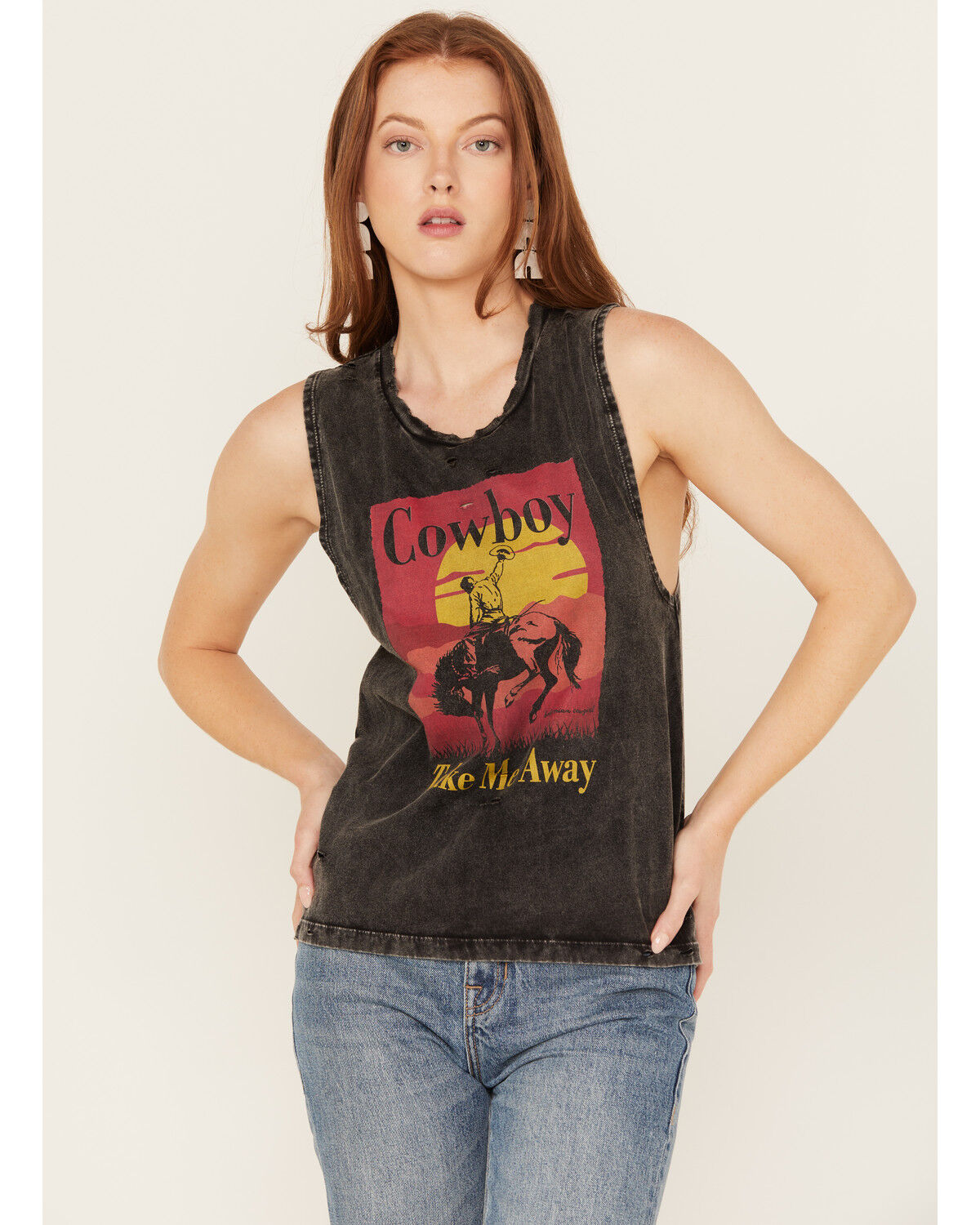 Image #1 - Bohemian Cowgirl Women's Distressed Cowboy Take Me Away Graphic Tank, Black, hi-res