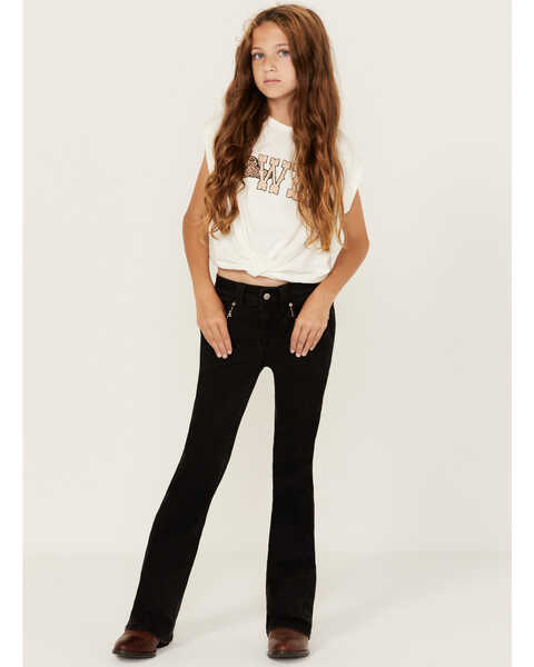 Image #1 - Shyanne Girls' Southwestern Embroidered Pocket Bootcut Stretch Jeans, Black, hi-res