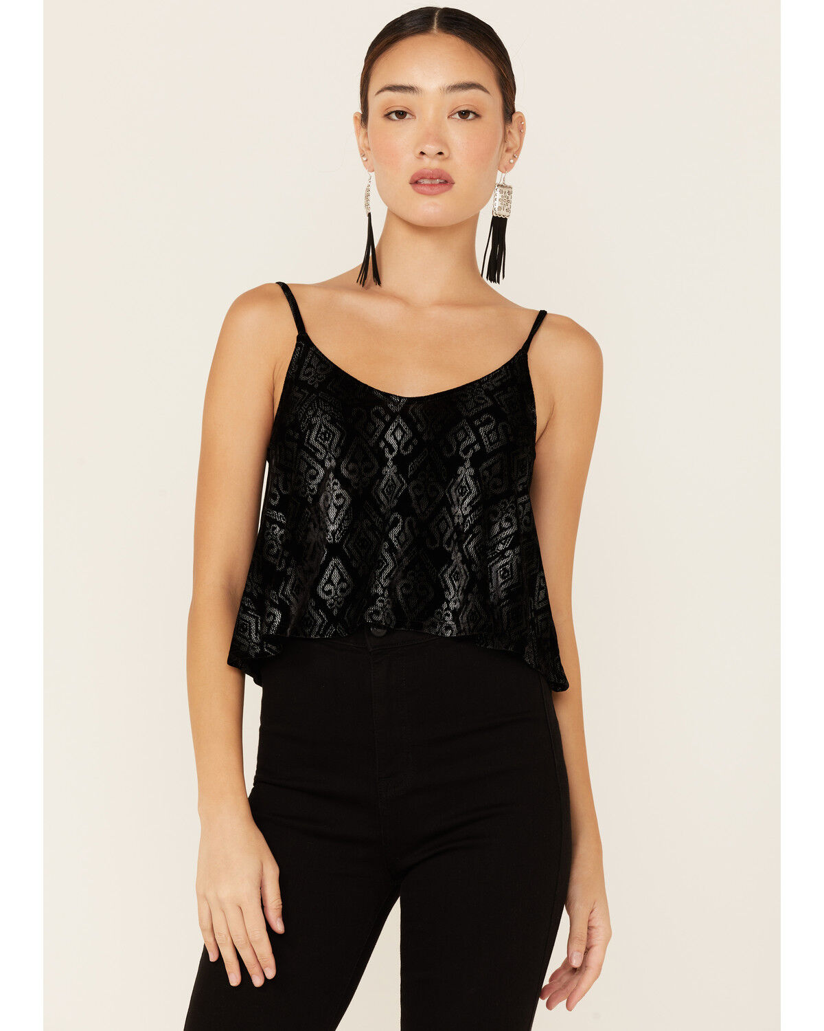 Image #1 - Saints & Hearts Women's Southwestern Velvet Cami Top, Black, hi-res