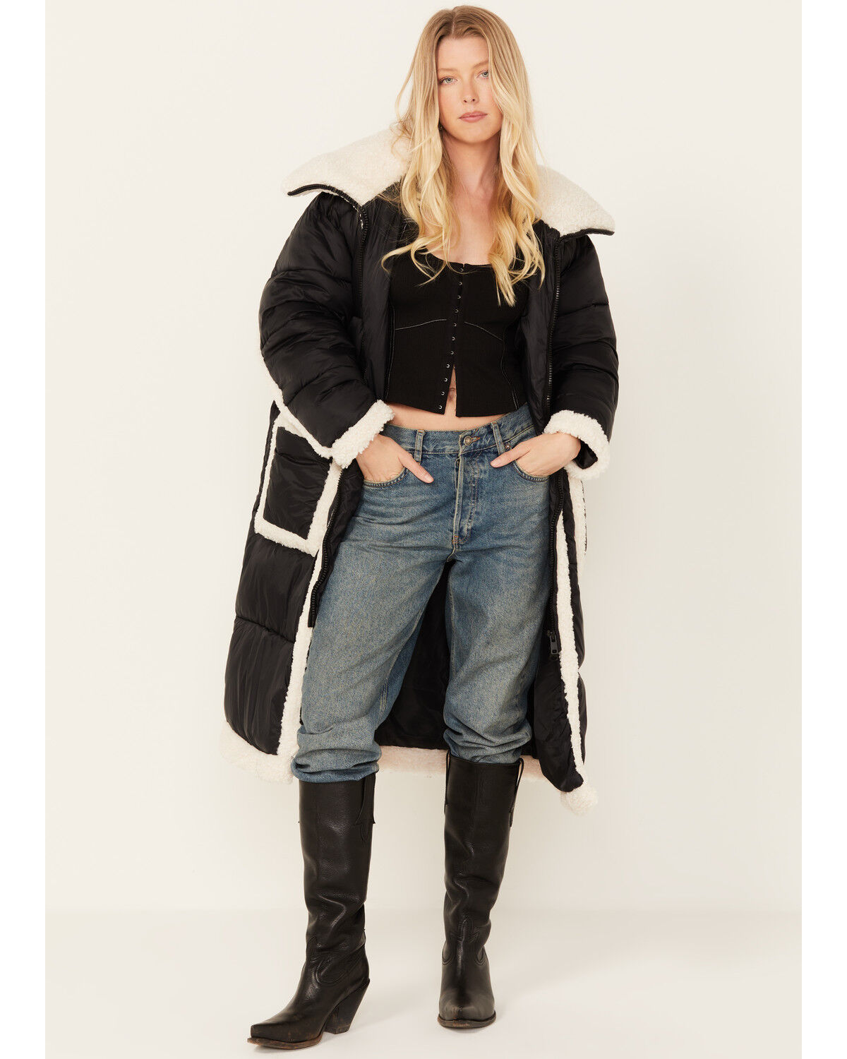 Image #1 - Room 34 Women's Sherpa Puffer Coat, Black, hi-res