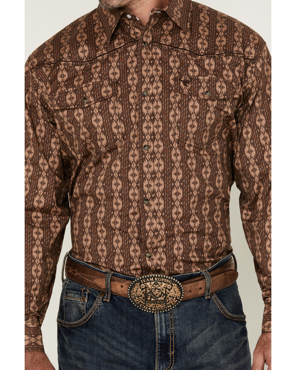 Image #3 - Cowboy Hardware Men's Southwestern Print Long Sleeve Snap Stretch Western Shirt, Chocolate, hi-res