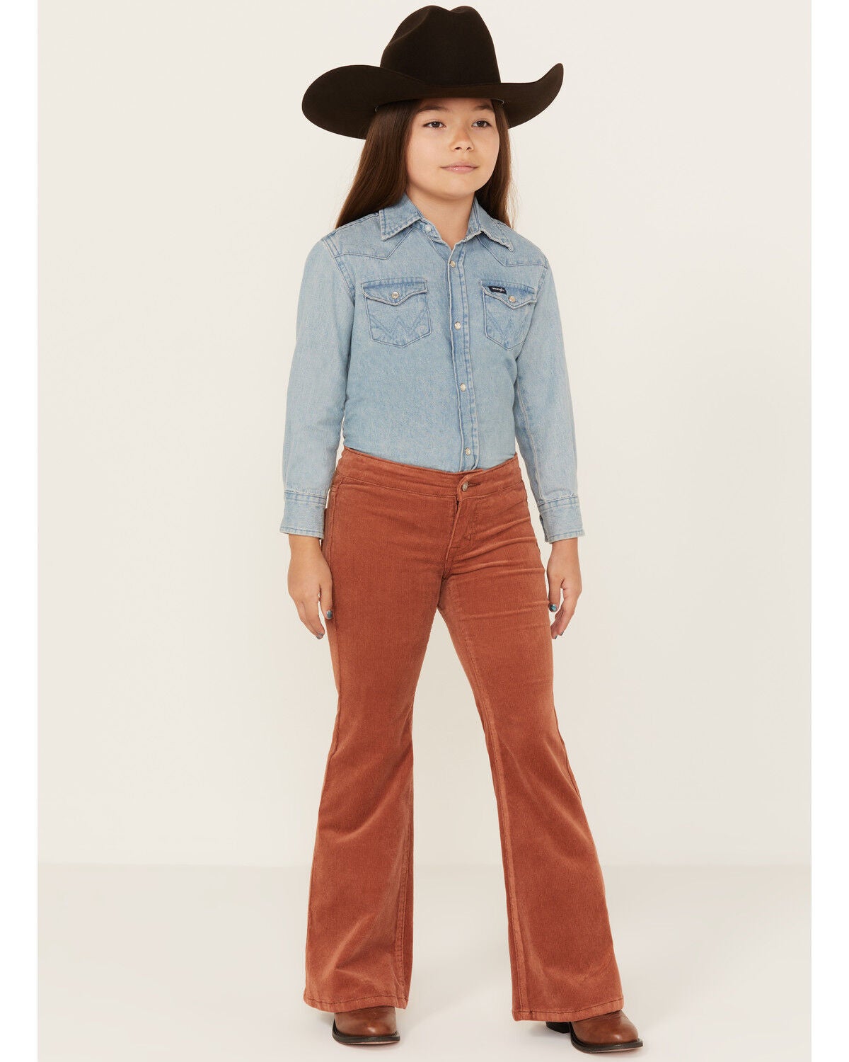 Rock & Roll Denim Girls' Corduroy Bargain Button Stretch Flare Jeans, Rust Copper, hi-res