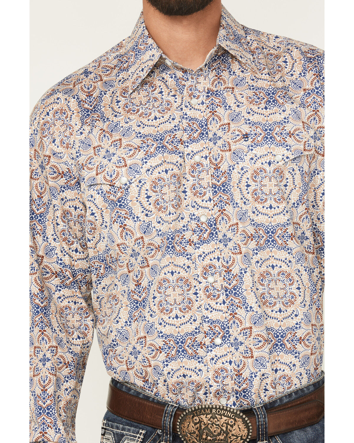Image #3 - Stetson Men's Medallion Print Long Sleeve Snap Western Shirt, Blue, hi-res