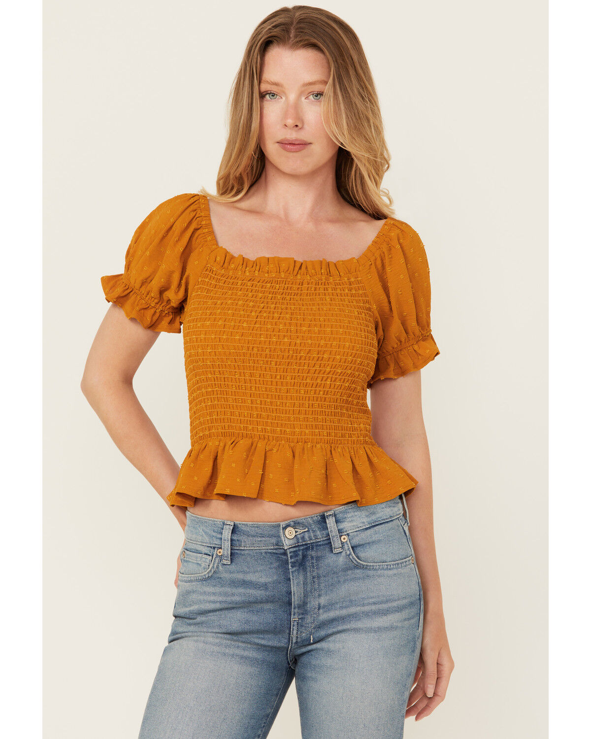 Image #1 - Wild Moss Women's Smocked Short Sleeve Shirt, Mustard, hi-res