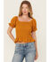 Image #1 - Wild Moss Women's Smocked Short Sleeve Shirt, Mustard, hi-res