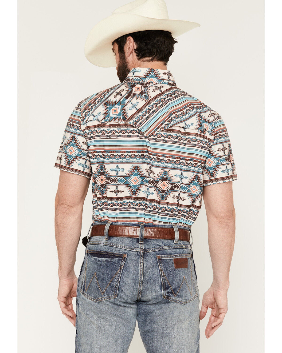 Image #4 - Rock & Roll Denim Men's Tek Southwestern Print Short Sleeve Snap Stretch Western Shirt, Natural, hi-res