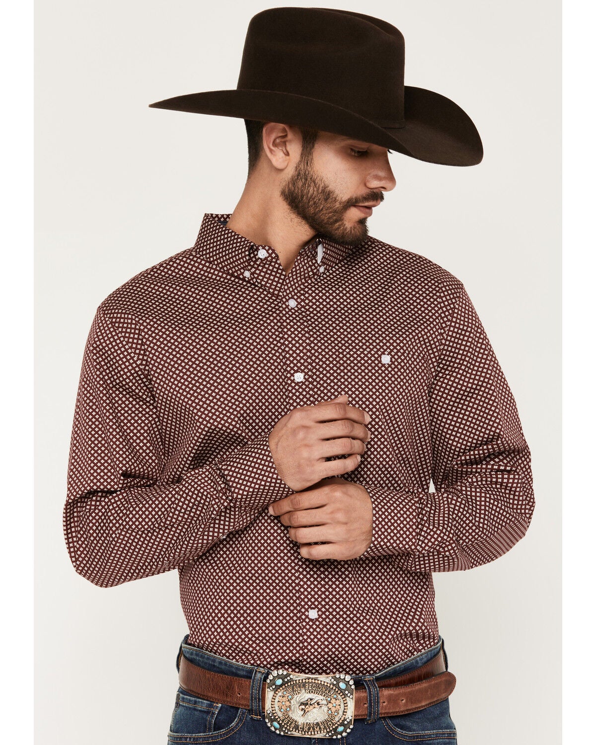 RANK 45&reg; Men's Thorn Geo Print Long Sleeve Button-Down Stretch Western Shirt, Burgundy, hi-res