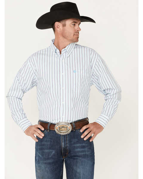 Image #1 - George Strait by Wrangler Men's Striped Long Sleeve Button Down Western Shirt , Blue, hi-res