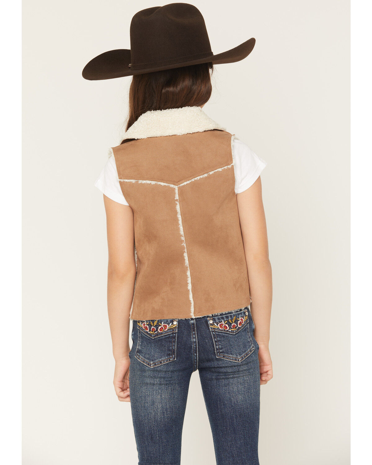 Image #4 - Shyanne Girls' Sherpa Lined Concho Closure Faux Suede Vest, Coffee, hi-res