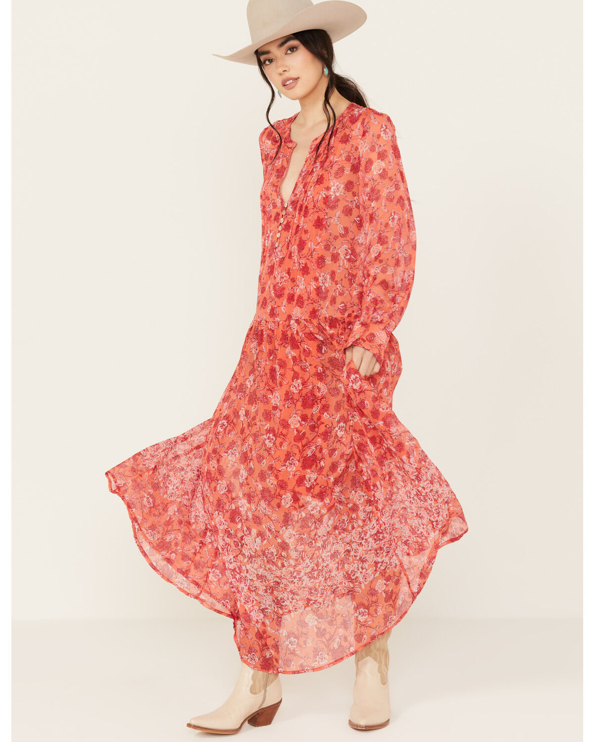 Image #2 - Free People Women's See It Through Floral Long Sleeve Maxi Dress, Red, hi-res