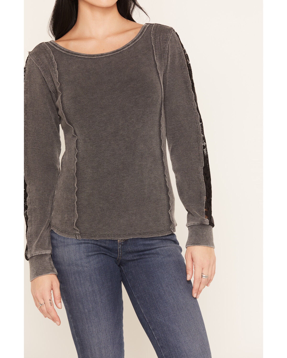 Image #4 - Blended Women's Contrast Stitch Lace Long Sleeve Top, Black, hi-res