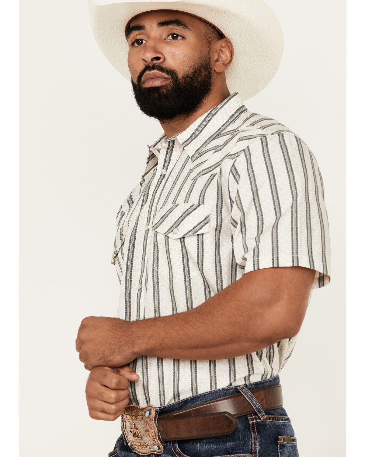 Image #2 - Gibson Trading Co Men's Side Swipe Vertical Striped Print Short Sleeve Snap Western Shirt, Ivory, hi-res