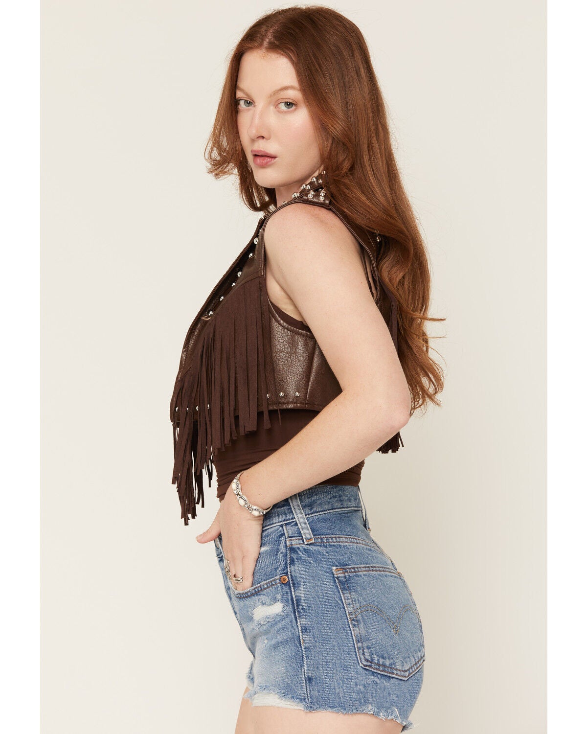 Image #2 - Azalea Wang Women's Reeceann Faux Leather Studded Fringe Cropped Vest, Brown, hi-res