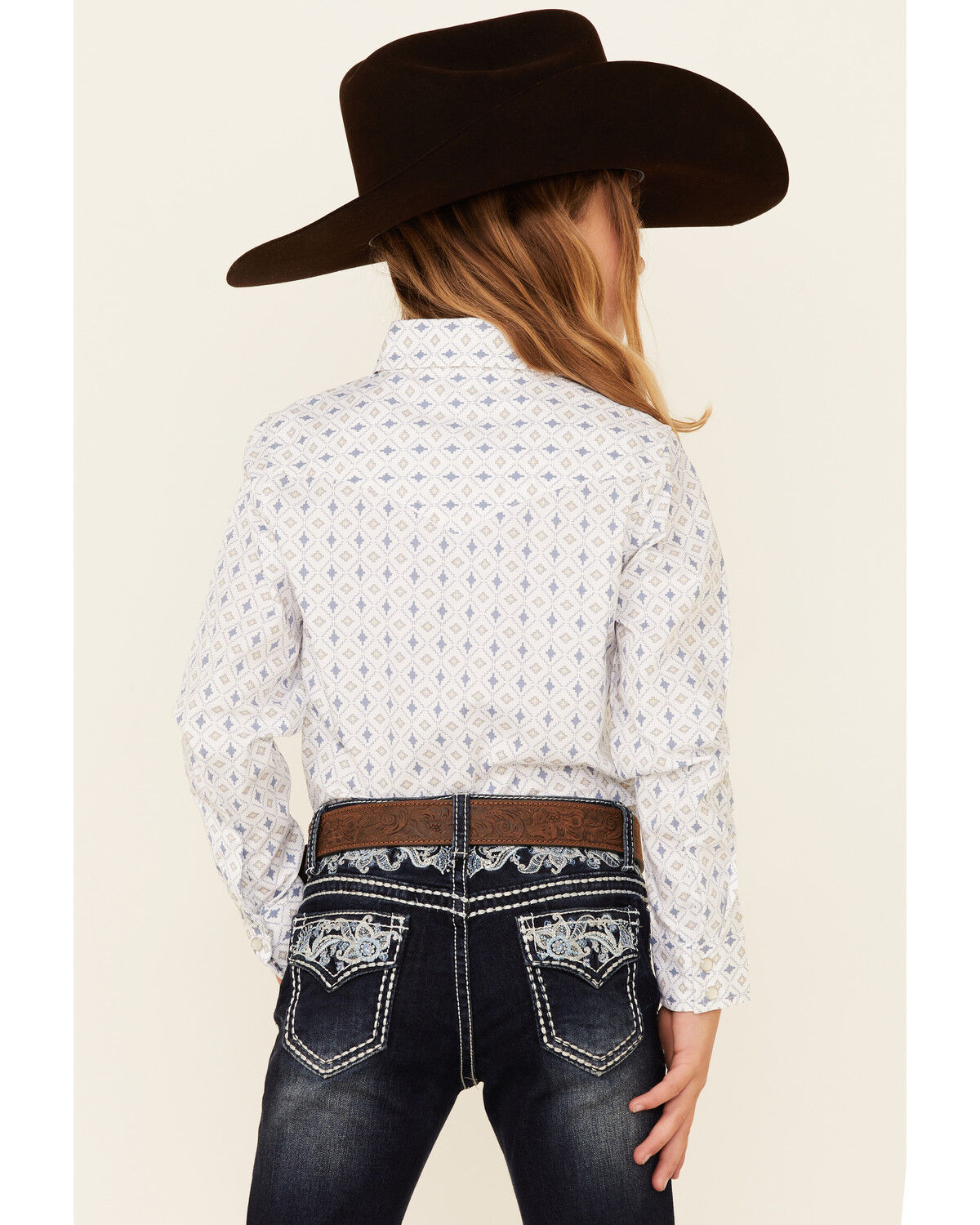 Image #4 - Ely Walker Girls' Southwestern Geo Print Long Sleeve Pearl Snap Western Shirt, White, hi-res