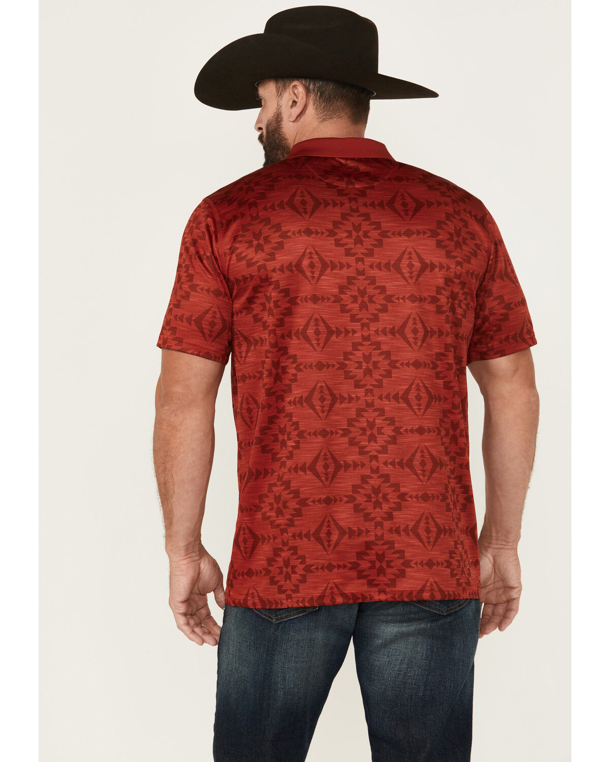 Image #4 - RANK 45® Men's Stock Tonal Southwestern Print Short Sleeve Button-Down Polo Shirt, Red, hi-res