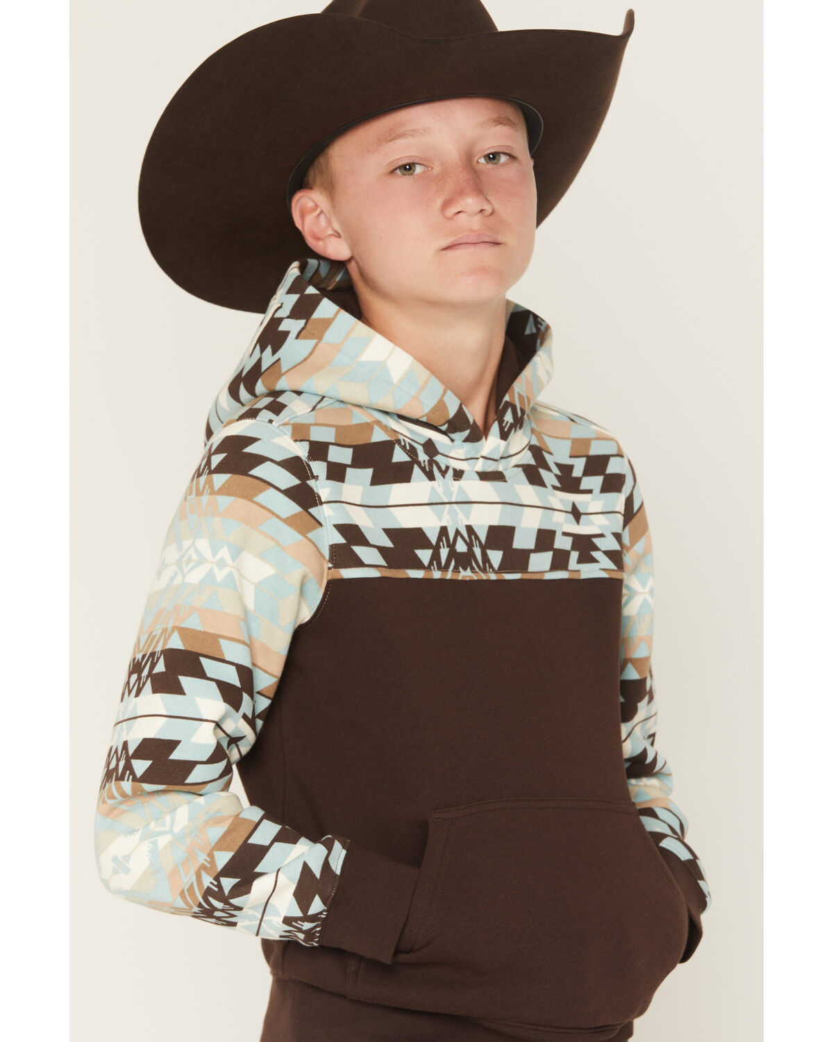 Image #2 - RANK 45® Boys' Dusted Southwestern Colorblock Hooded Sweatshirt, Coffee, hi-res