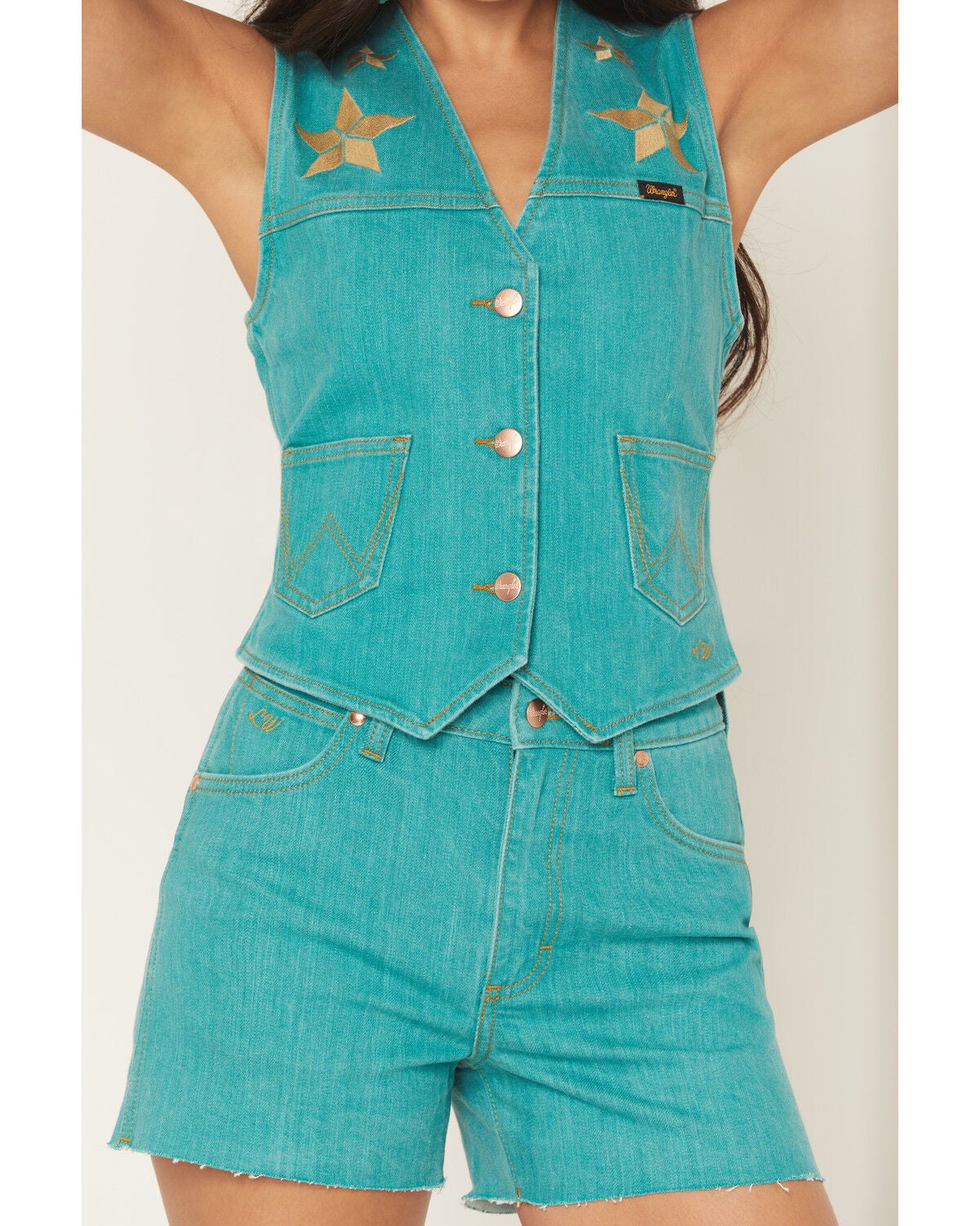 Image #3 - Wrangler X Lainey Wilson Women's Denim Horseshoe Vest, Turquoise, hi-res